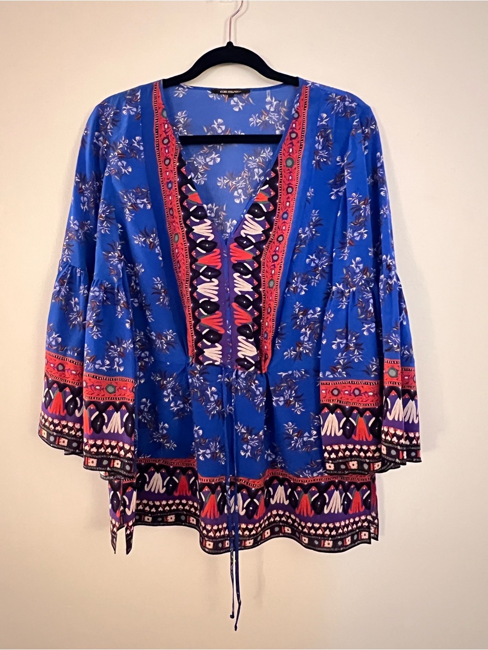 Kobi Halperin Silk Royal Blue Floral V-Neck Tunic with Red Trim